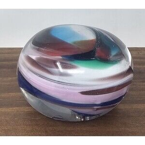 Rollin Karg Hand Blown Multi-Colored Swirl Studio Art Glass Paperweight Decor 2"